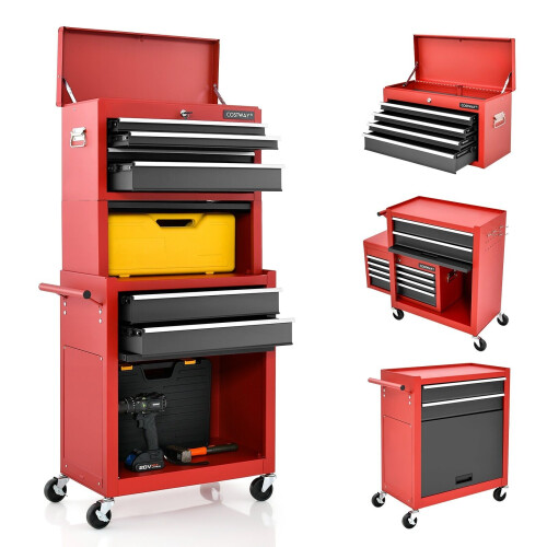 Costway Rolling Tool Chest Combo Lockable Tool Cabinet Wheels Drawers-Red+White