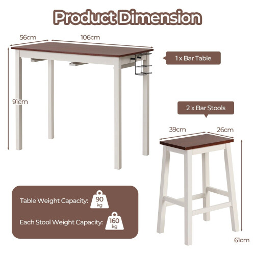 Costway 3-Piece Bar Table Set Kitchen Counter Height Pub Table W/Bar Stools Space-Saving 1