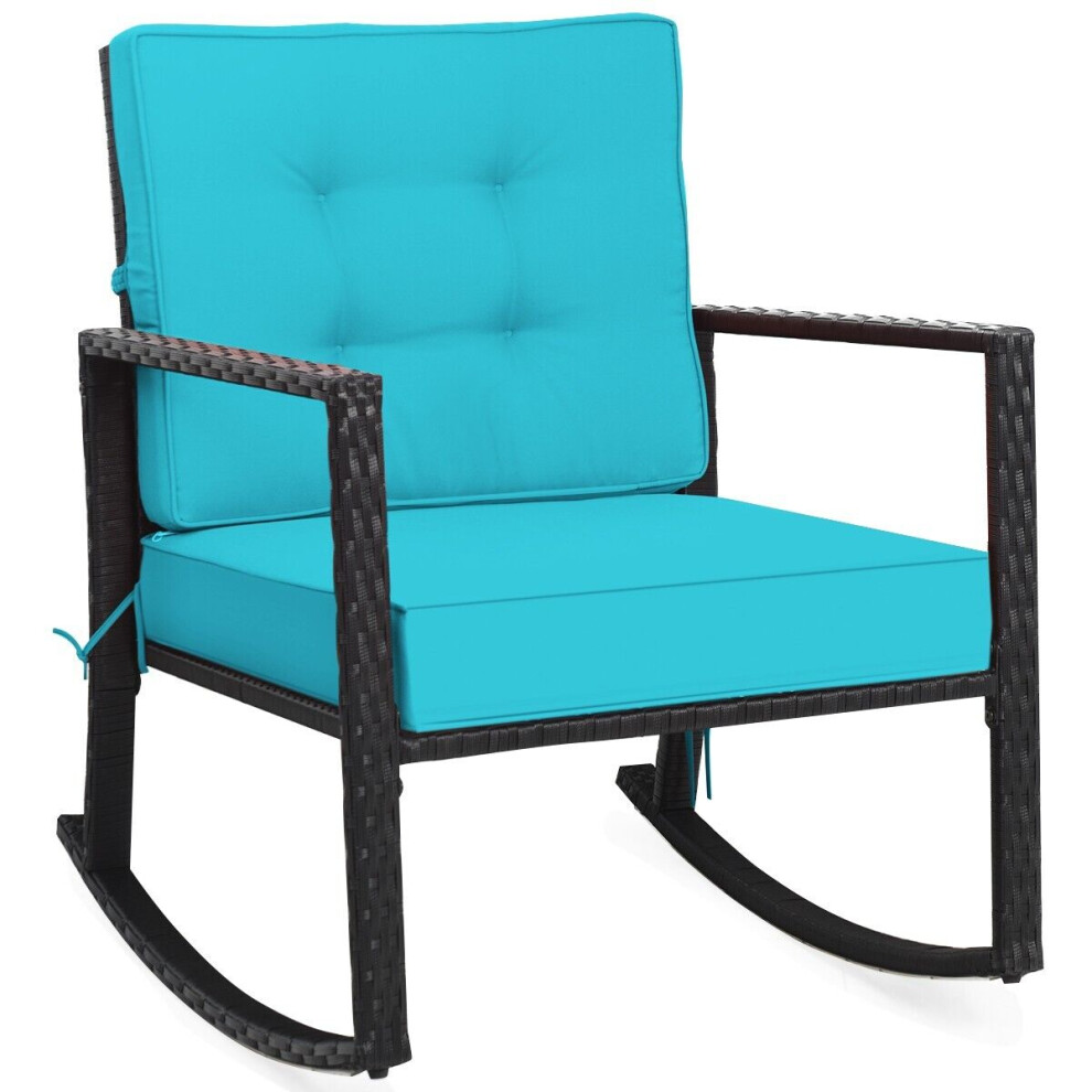 Outdoor Wicker Furniture Rocking Chair Metal Frame Patio Rattan Rocker w/Cushion