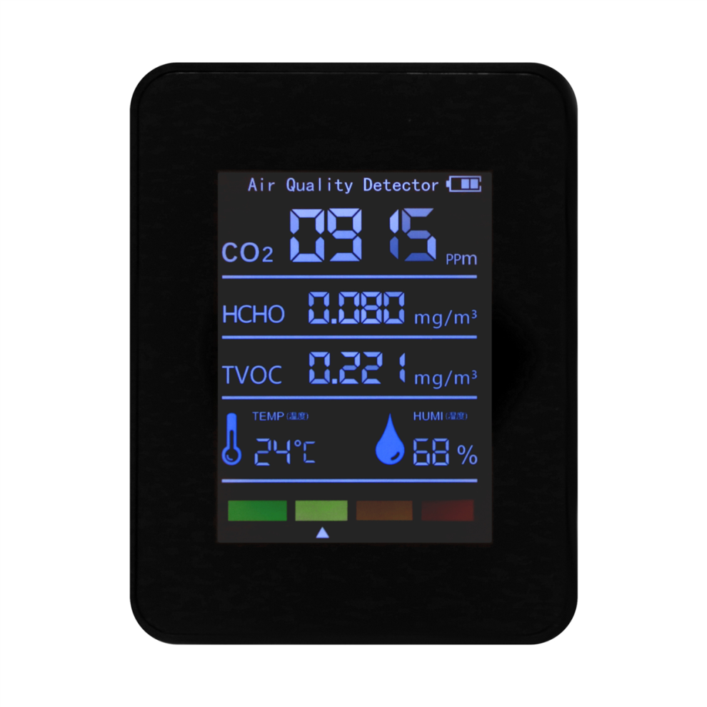 5 in 1 Air Quality Monitor, USB Rechargeable CO2 Detector Black
