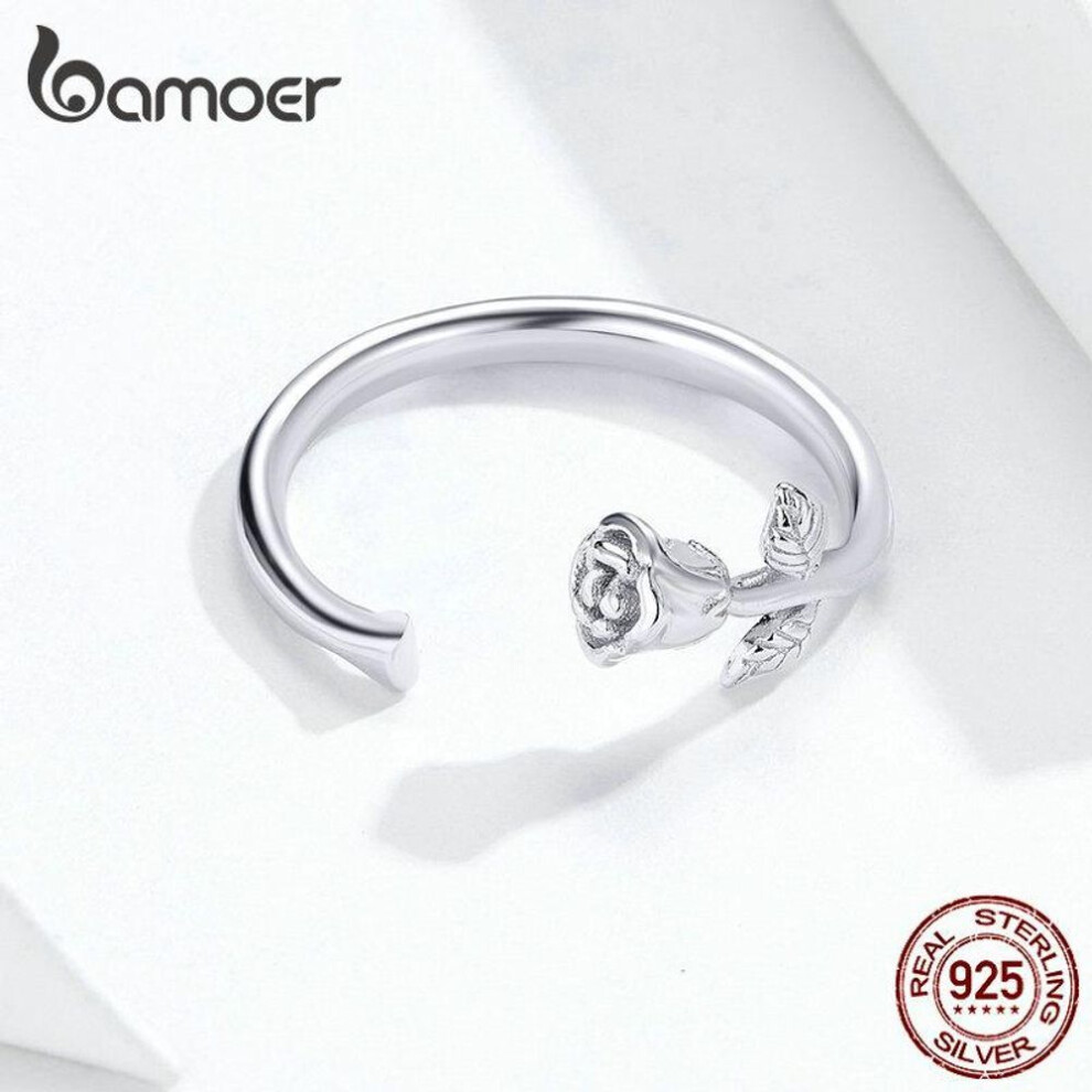 (silver, ring) BAMOER Engraved Pattern Ring Real 925 Sterling Silver The Rose Adjustable Size Rings For Women