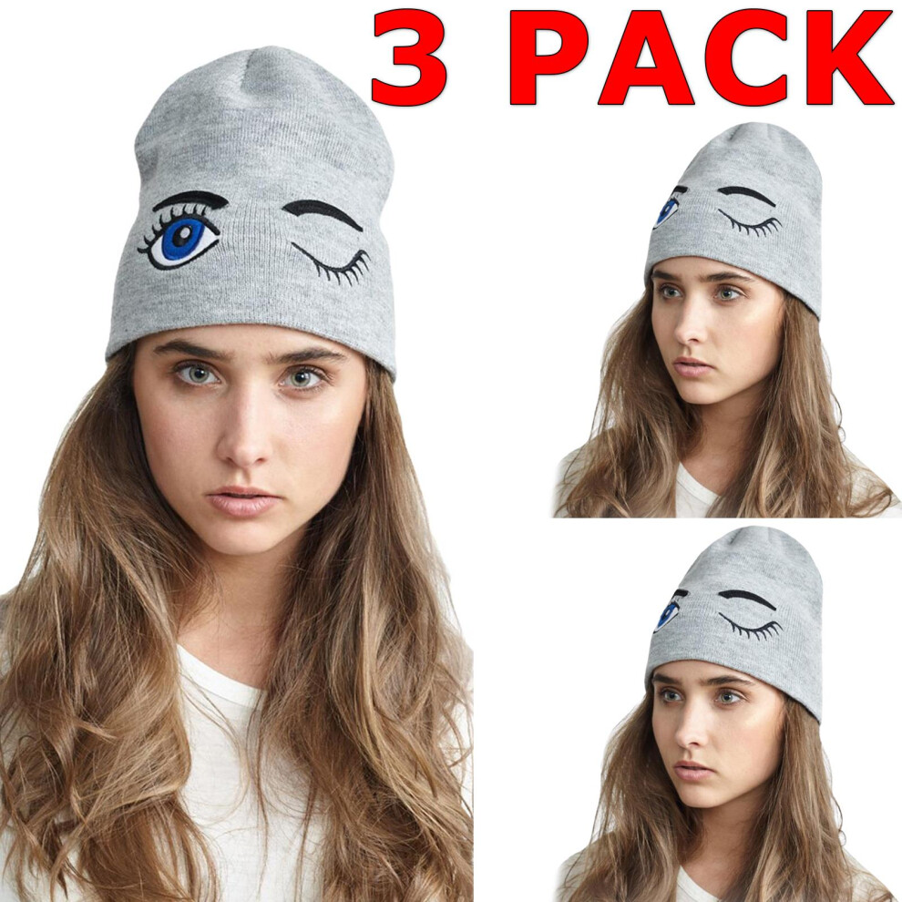 3 Pack Womens Beanie Hat Soft Knit Winking Eye Ladies Winter Warm Cap