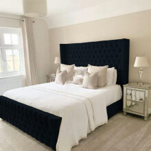 (Double-4ft 6" (Without Gaslift), Matching Buttons) Ottoman Velvet Winged Bed Frame Upholstered Osaka Chesterfield
