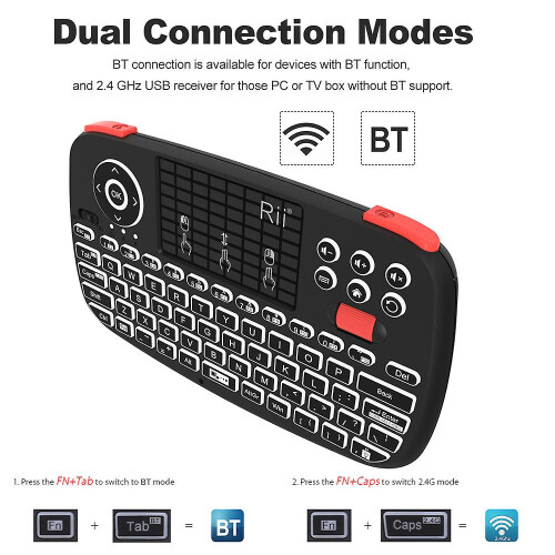 (English keyboard) Rii i4 mini bluetooth keyboard 2.4ghz dual modes handheld fingerboard backlit mouse touchpad remote control for windows android 1