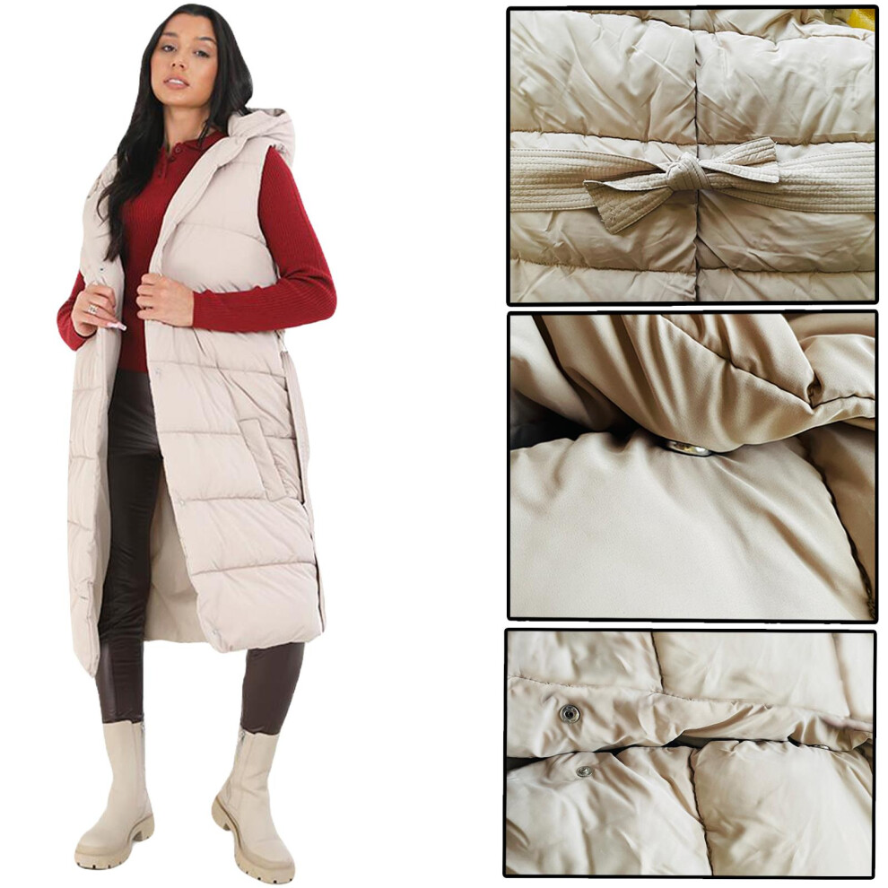 (Stone-VINEMAXPKB, UK 14) Women LongPadded Puffer Hood ParkaMaxi Warm Jacket