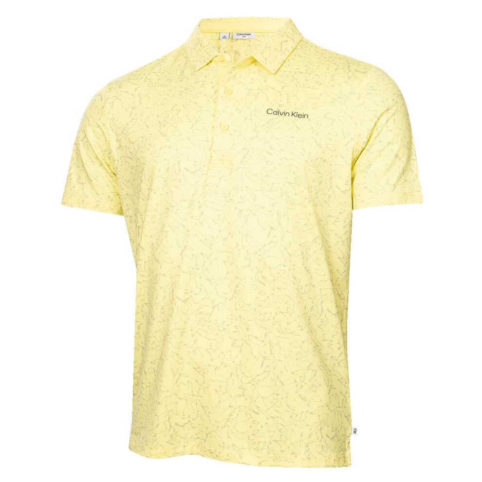 (XL, Lemon) Calvin Klein Mens 2025 Abstract Watercolour Printed Stretch Golf Polo Shirt