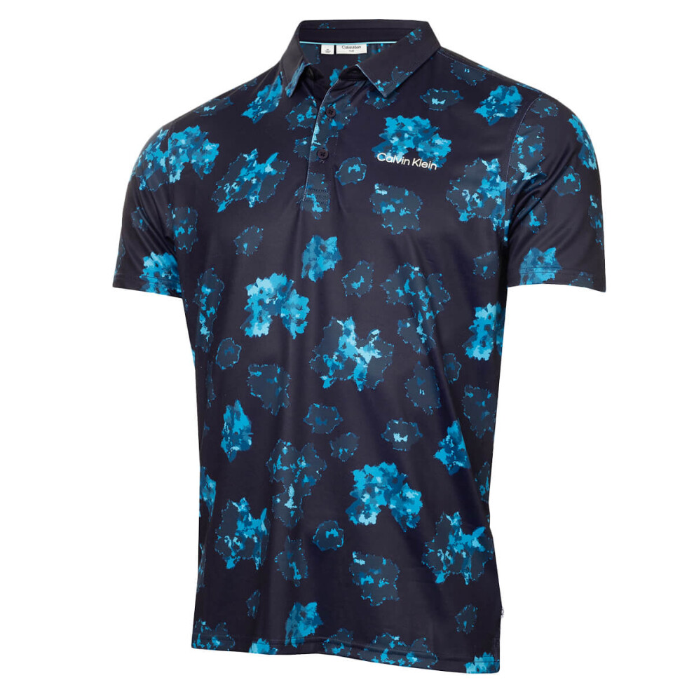 (XXL, Navy) Calvin Klein Mens 2025 Cyber Floral Printed Moisture Wicking Golf Polo Shirt