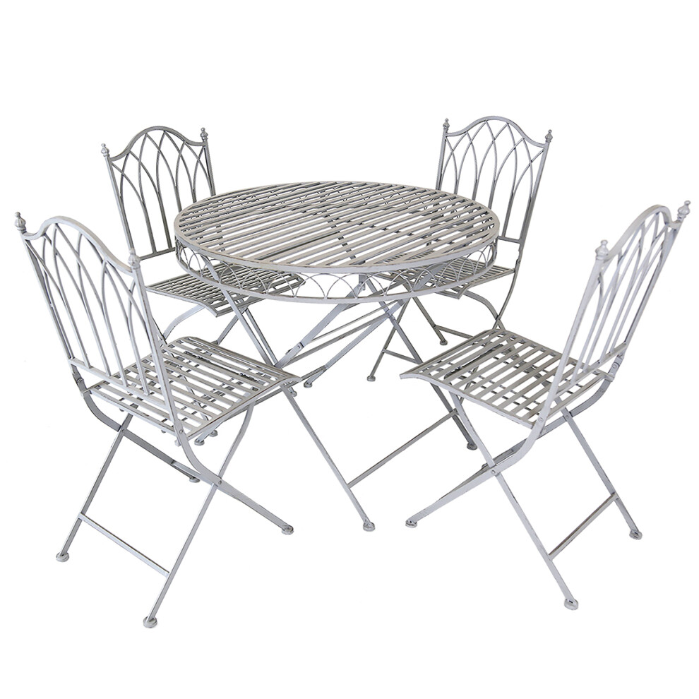 Charles Bentley Rustic 5 Piece Wrought Iron Outdoor Patio Bistro Set Seats 4 People, Foldable and Lightweight - Grey