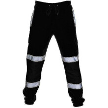 (Black, 4XL) Adults Safety Work Trousers Hi Vis Viz Visibility Elastic Waist Sweatpants