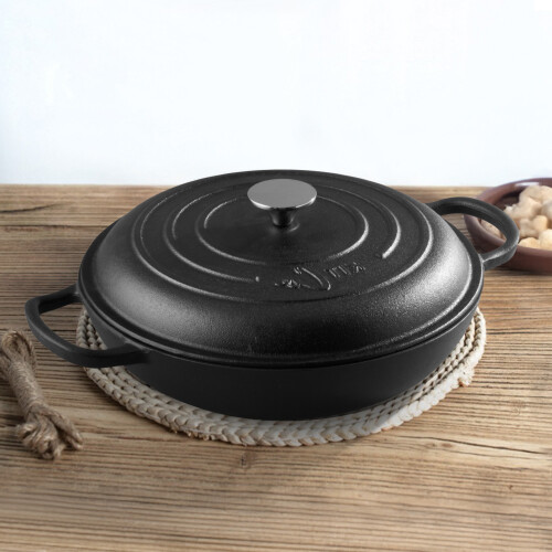 Living And Home Dual-Handle Round Cast Iron Pot with Lid, 30cm Diameter - Even-Heat, Self-Basting Lid, Rustic Kitchen Essential