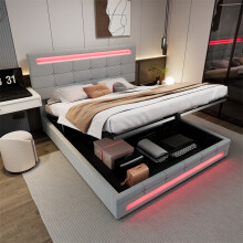 Upholstered Double Bed 135x190cm with 7 Colors LED-light Strips, Grey