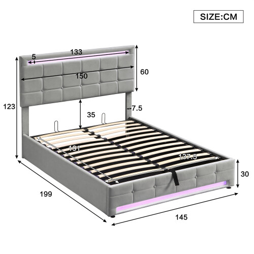 Upholstered Double Bed 135x190cm with 7 Colors LED-light Strips, Grey 1