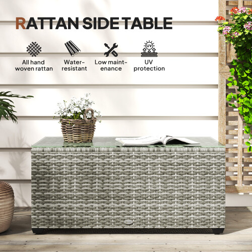 Outsunny Outsunny Outdoor Coffee Table, Glass Top Rattan Side Table, Light Grey 1