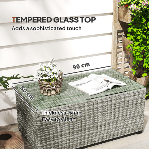 Outsunny Outsunny Outdoor Coffee Table, Glass Top Rattan Side Table, Light Grey 2