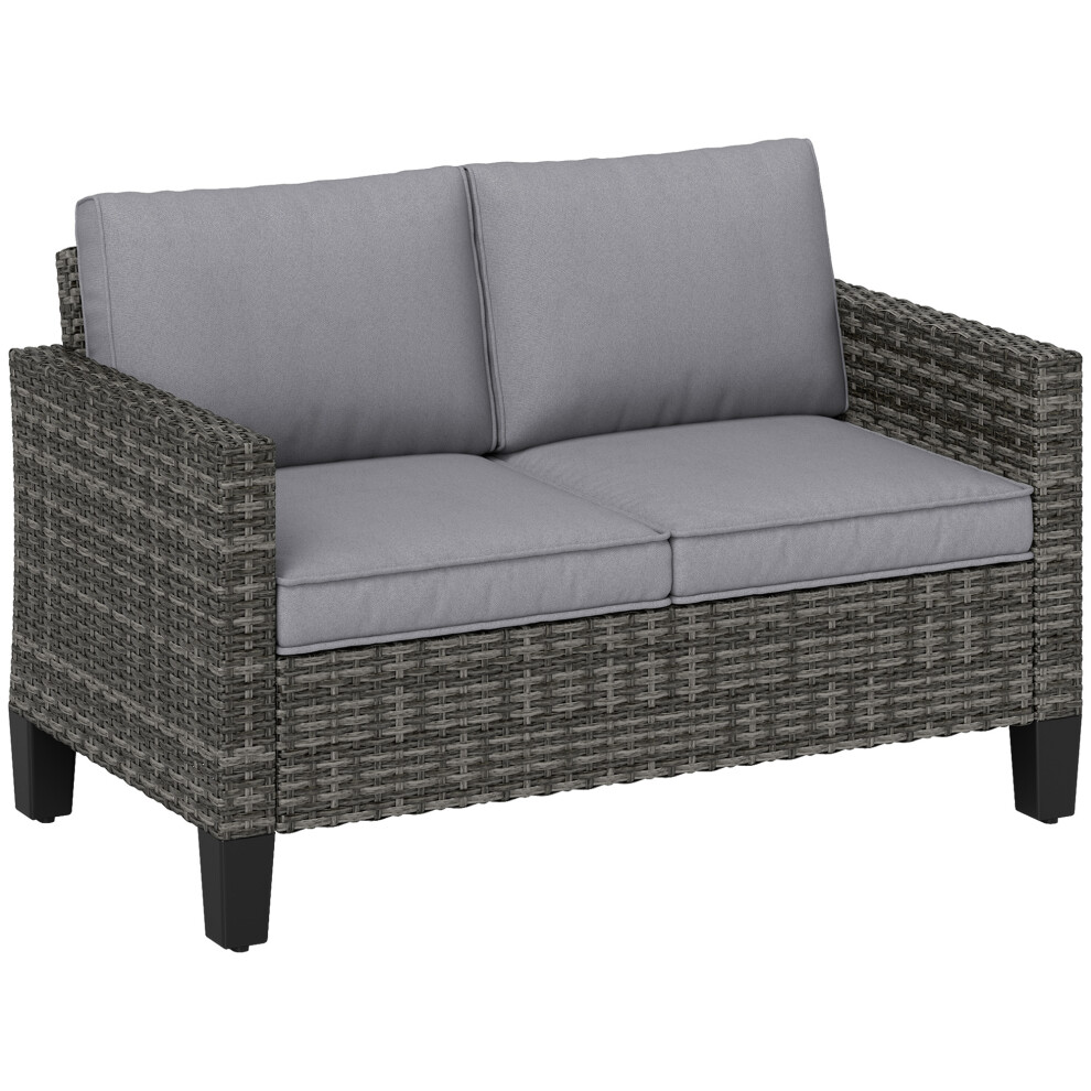 Outsunny Rattan Sofa With Cushions, 2 Seater Garden Furniture, Dark Grey