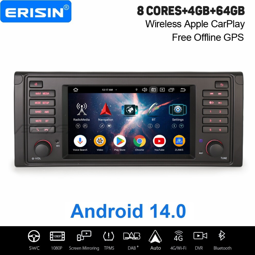 Erisin 4Gb+64Gb 8 Core Android 14 Carplay Car Stereo Gps For Bmw 5 Series E39 M5 Dab+ Wifi Bluetooth 5.0 Usb Dsp Canbus 737655248029