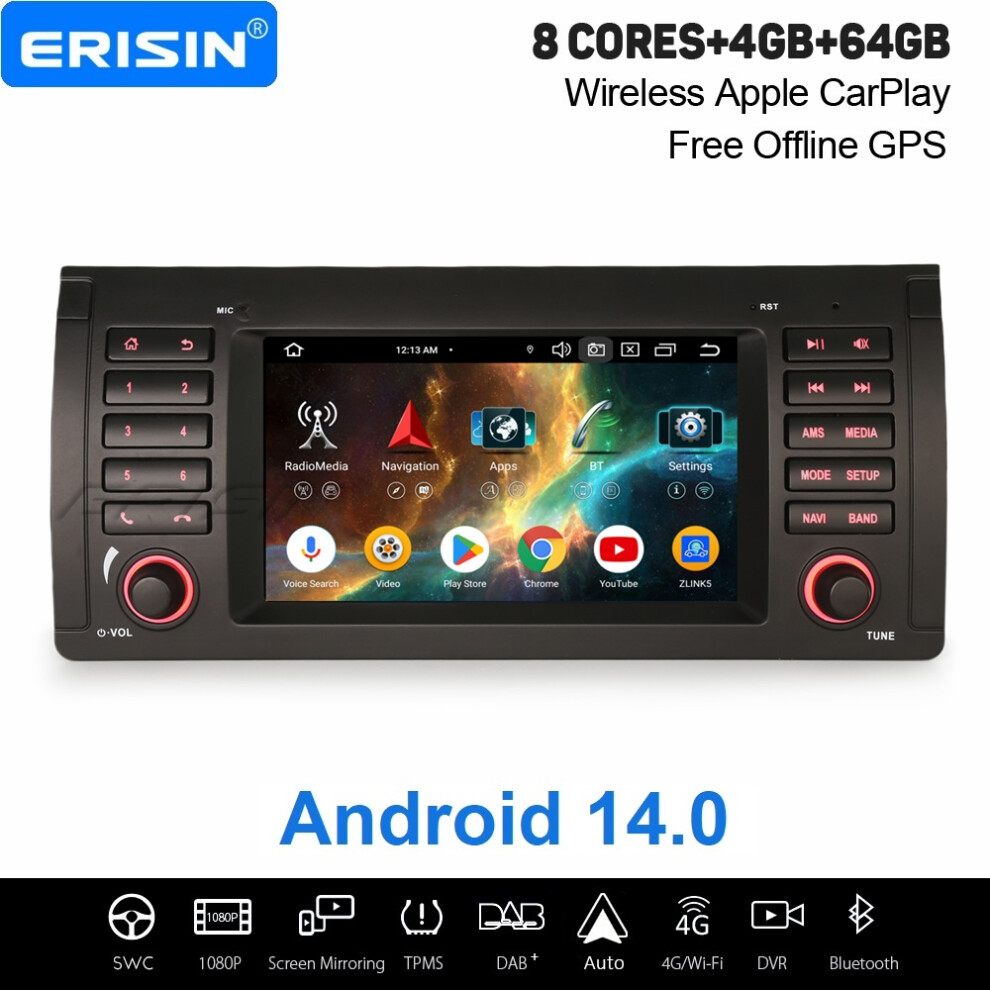 Erisin 4Gb+64Gb 8 Core Android 14 Carplay Car Stereo Gps For Bmw X5 E53 Dab+ Radio Wifi Bluetooth 5.0 Usb Dsp Canbus 737655248036
