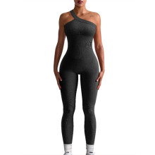 (Black, L) Women Workout Yoga Jumpsuit Sleeveless One Shoulder Ribbed Fitted One-piece Romper Casual Full Length Jumpsuit