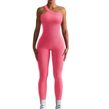 (Pink, S) Women Workout Yoga Jumpsuit Sleeveless One Shoulder Ribbed Fitted One-piece Romper Casual Full Length Jumpsuit