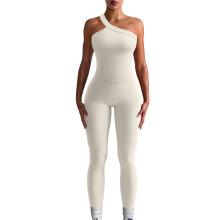 (Beige White, M) Women Workout Yoga Jumpsuit Sleeveless One Shoulder Ribbed Fitted One-piece Romper Casual Full Length Jumpsuit