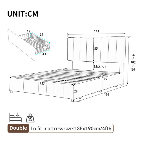 (Grey) 4ft6 Double Upholstered Bed with 4 Storage Drawers 2