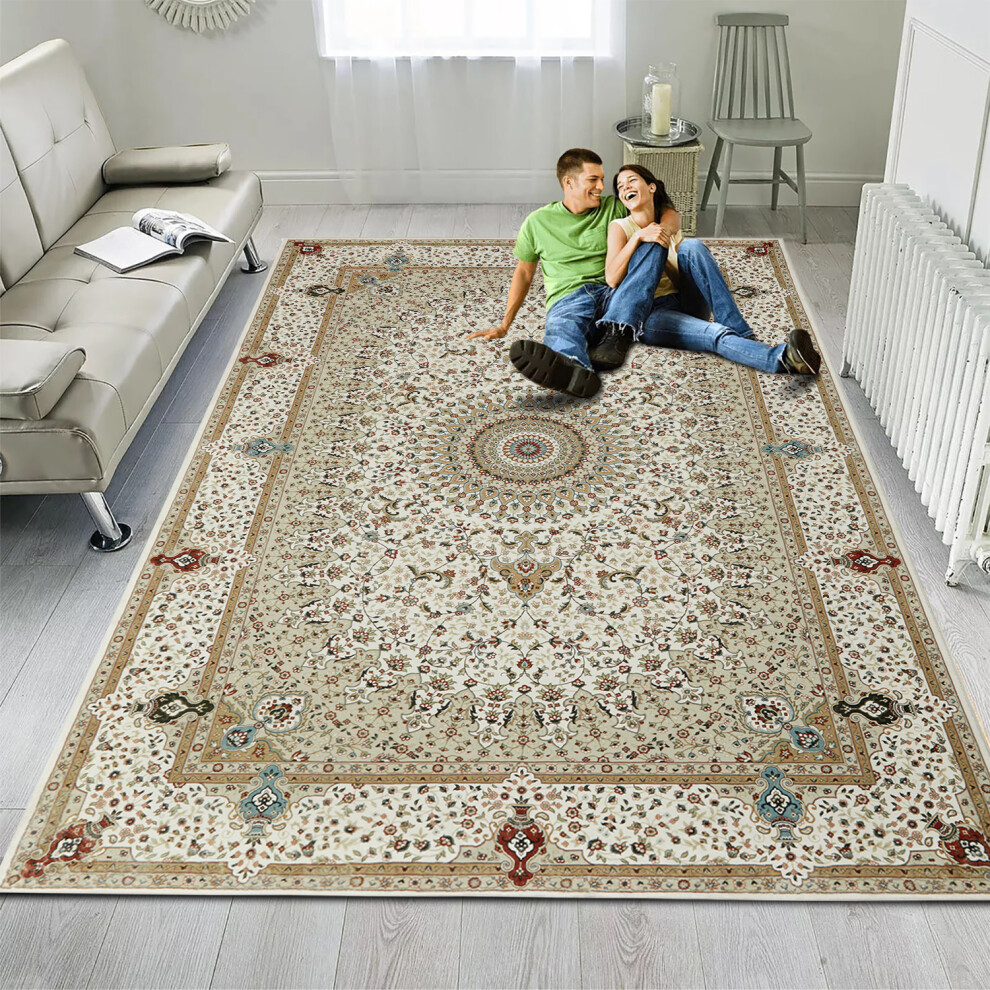 (160 x 230 cm- Large Rug For Living Room Bedroom/Traditional Carpet, WILLOW BEIGE CASHMERE) Non Slip Rugs Living Room Traditional Soft Carpet Mat