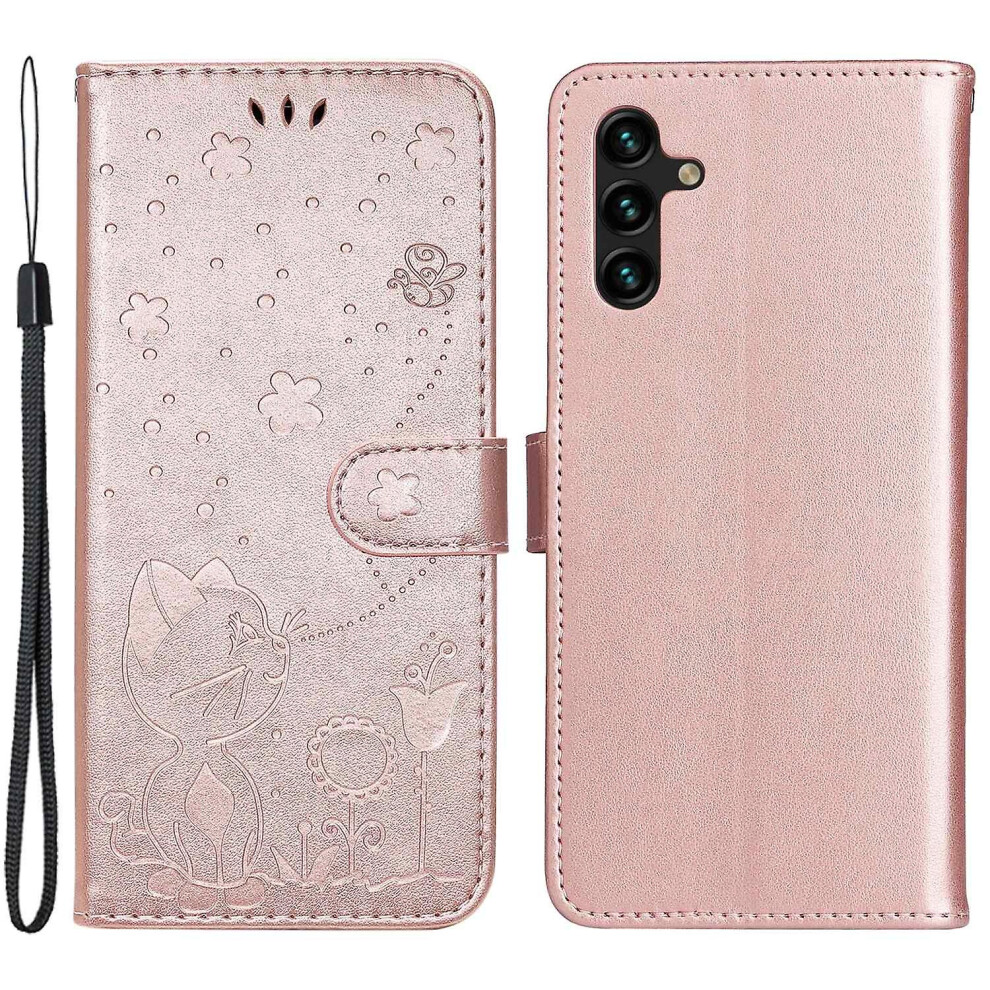 (Rose ) For Samsung Galaxy A34 5G Flip Phone Wallet Case Cat Bee Flower Stand Magnetic Phone Cover Gold 8994439958044