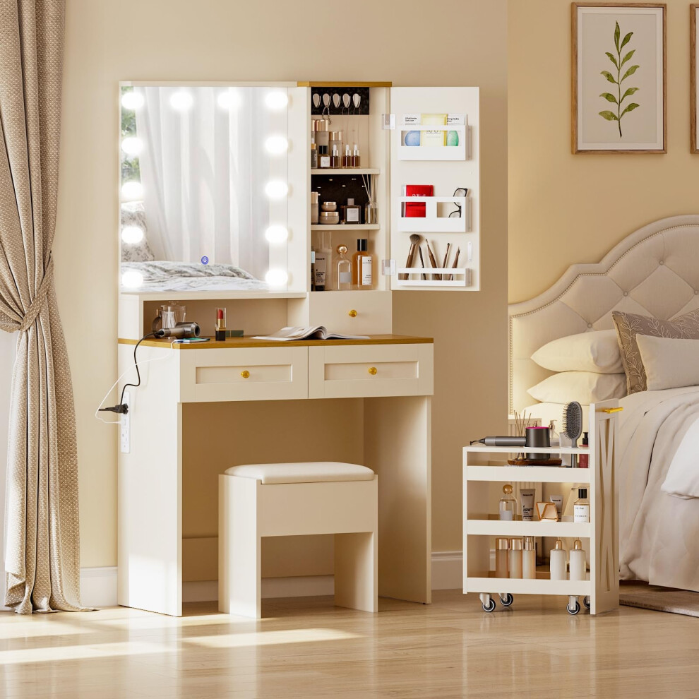 (Beige) Dressing Table and Stool Set, Vanity Table with LED Lights,Jewelry Hook&Ring Organiser