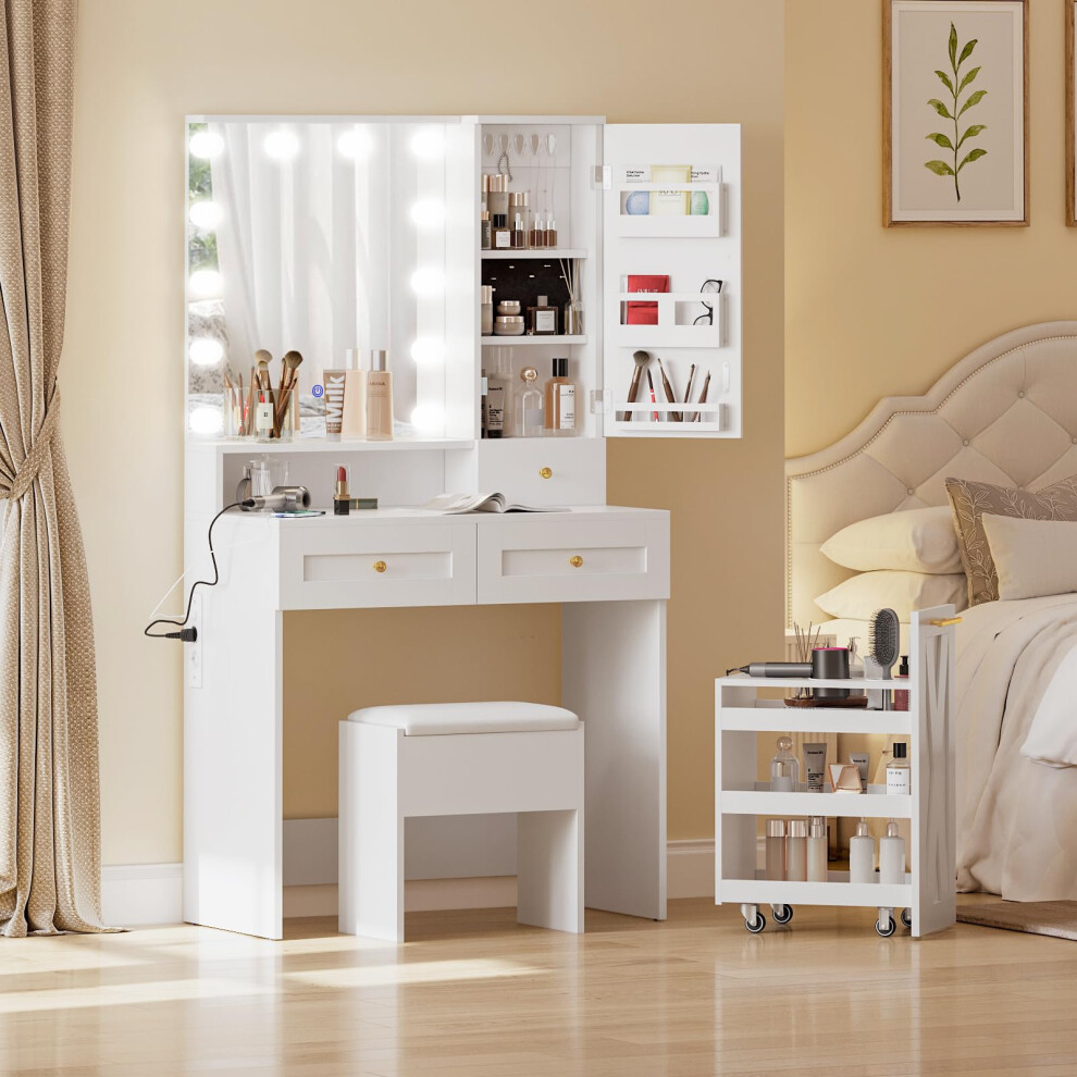 (White) Dressing Table and Stool Set, Vanity Table with LED Lights,Jewelry Hook&Ring Organiser