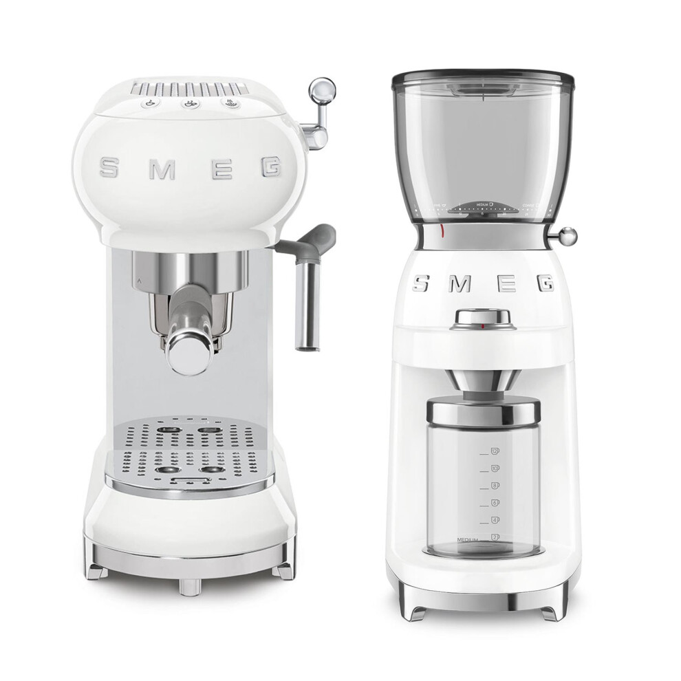 Smeg 50's Style Retro Coffee Range Set, Espresso Coffee Machine with Steam Wand with Stainless Steel Grinders, White