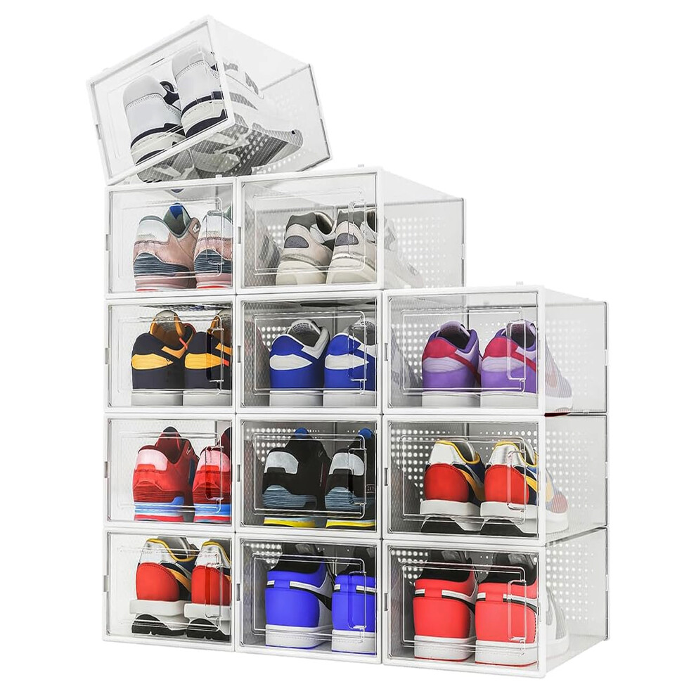 (XL, 12) Set of Clear Plastic Shoe Storage Stackable Organiser Boxes with Doors