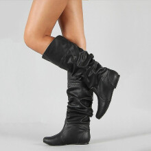 (Black, 43) Women Faux Leather Flat Mid Calf Slouch Boots Wide Leg Shoes