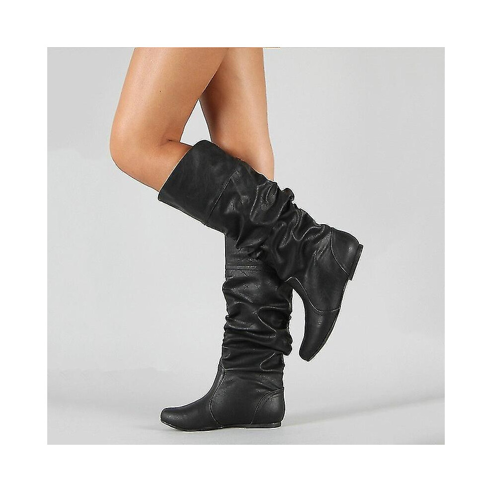 (Black, 43) Women Faux Leather Flat Mid Calf Slouch Boots Wide Leg Shoes