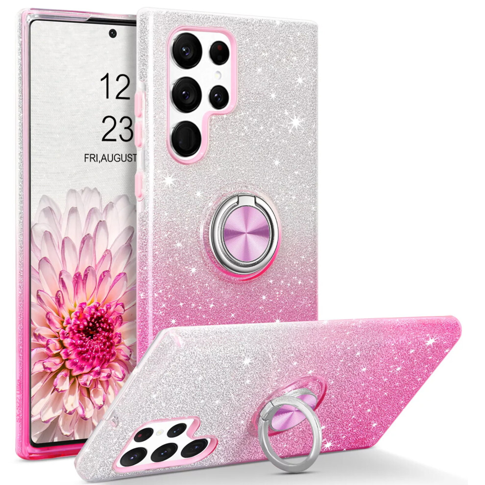 (For Samsung Galaxy S25 Ultra, Pink) Glitter Ring Stand Cover Bling Case For Samsung