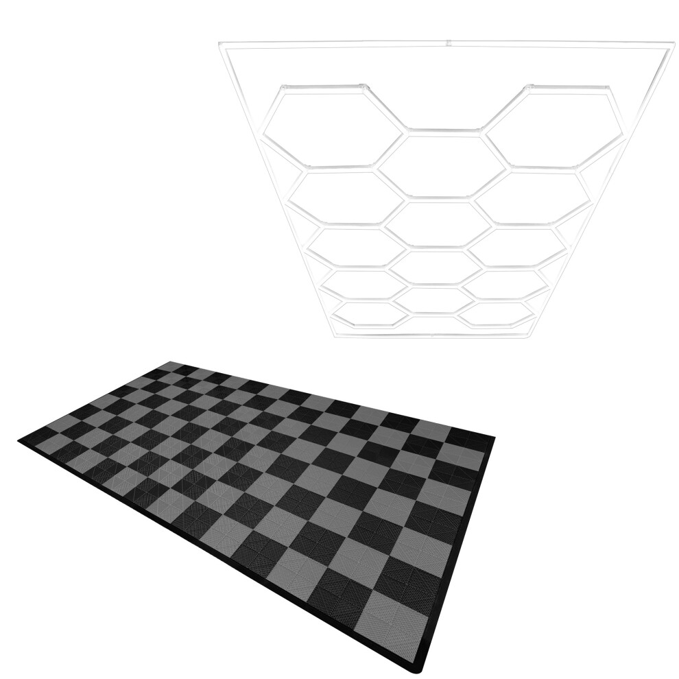 (Hexagon LED Light & Vented Garage Floor Tiles With Edges - 60 Black & 60 Grey) Vented Garage Floor Tiles & Hexagon LED Lights & Border