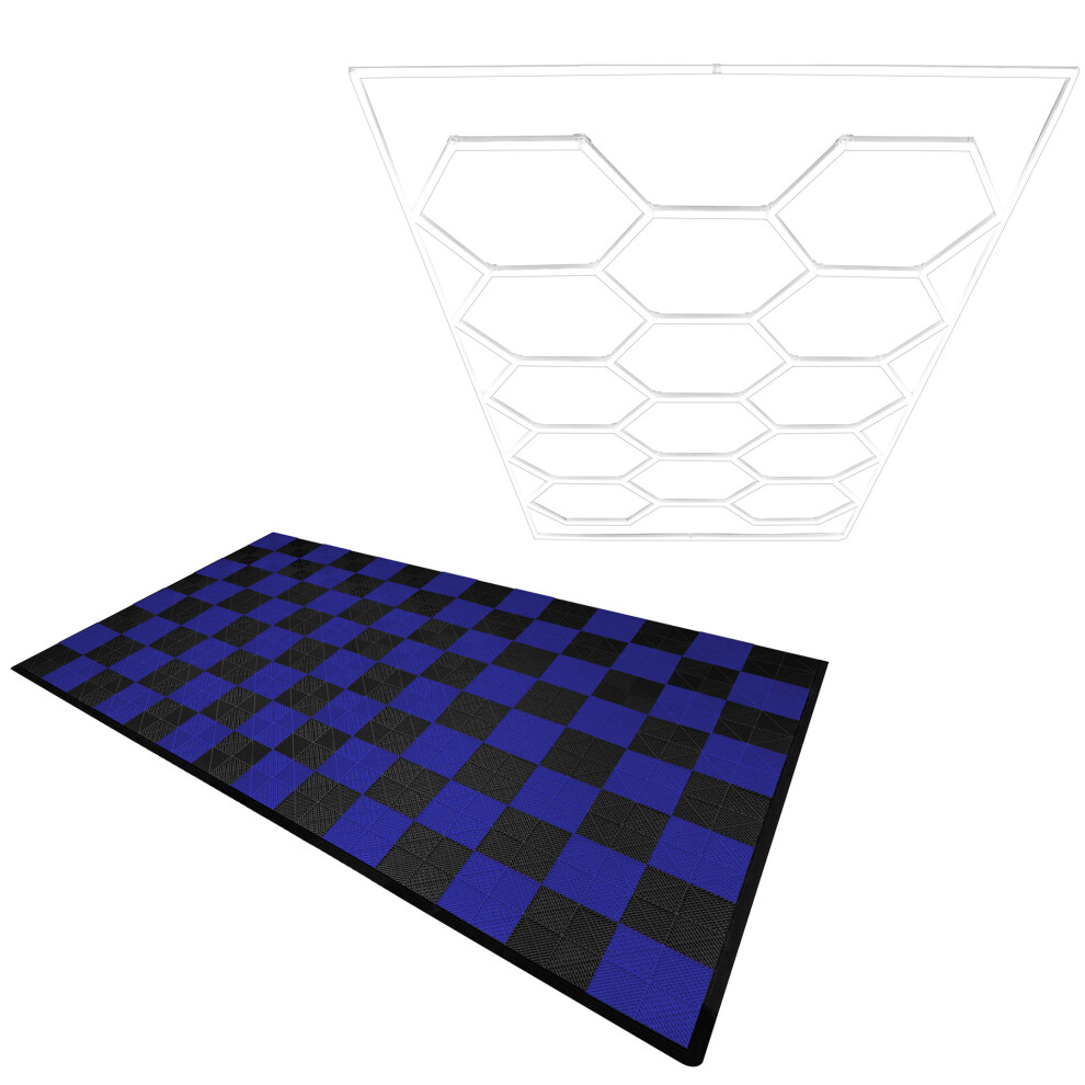 (Hexagon LED Light & Vented Garage Floor Tiles With Edges - 60 Black & 60 Blue) Vented Garage Floor Tiles & Hexagon LED Lights & Border