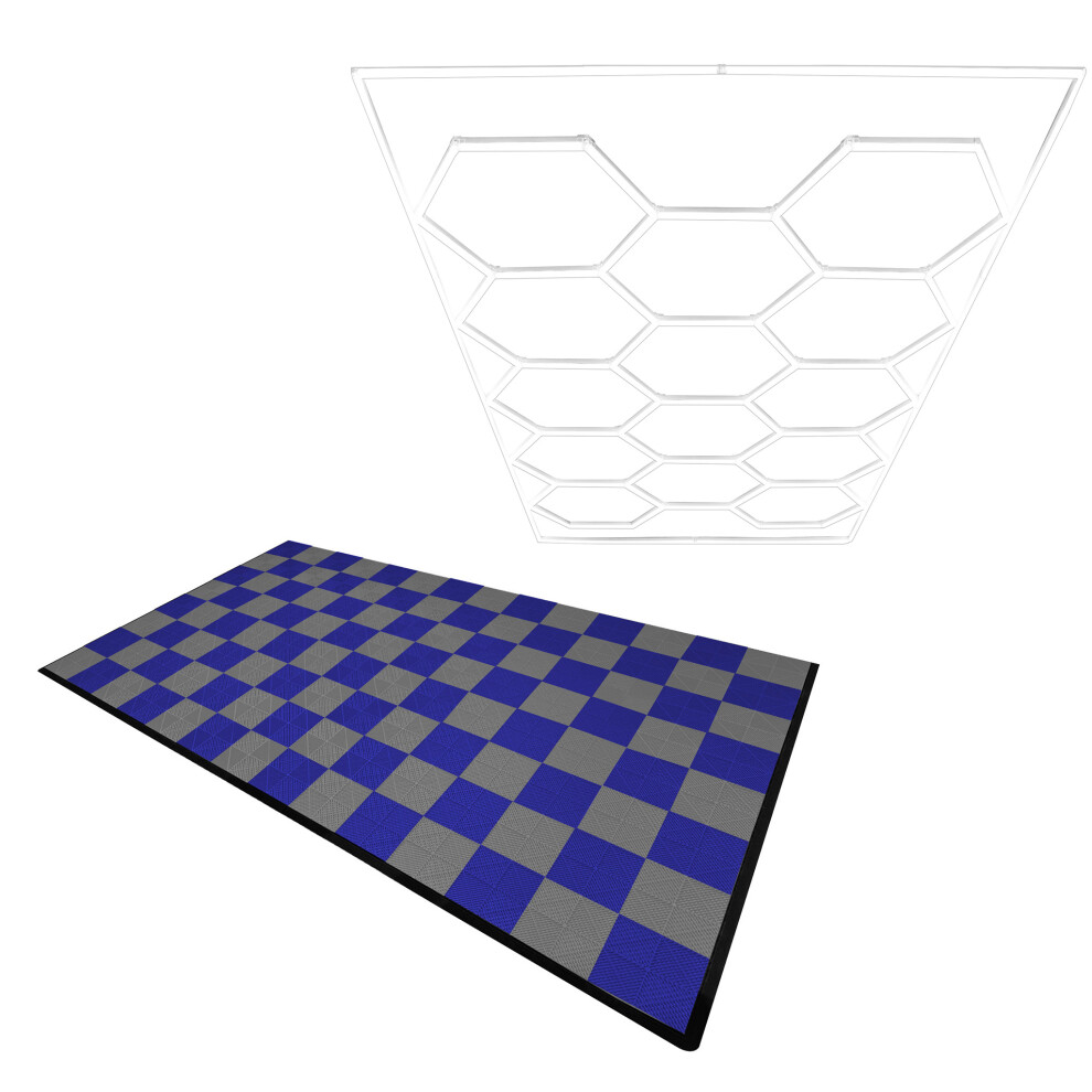 (Hexagon LED Light & Vented Garage Floor Tiles With Edges - 60 Grey & 60 Blue) Vented Garage Floor Tiles & Hexagon LED Lights & Border