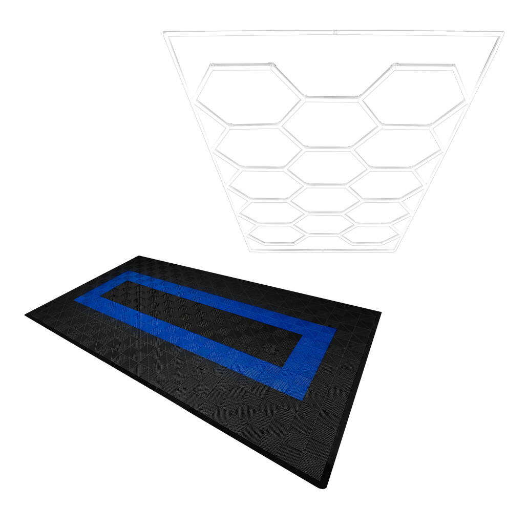 (Hexagon LED Light & Vented Garage Floor Tiles With Edges - 90 Black & 30 Blue) Vented Garage Floor Tiles & Hexagon LED Lights & Border