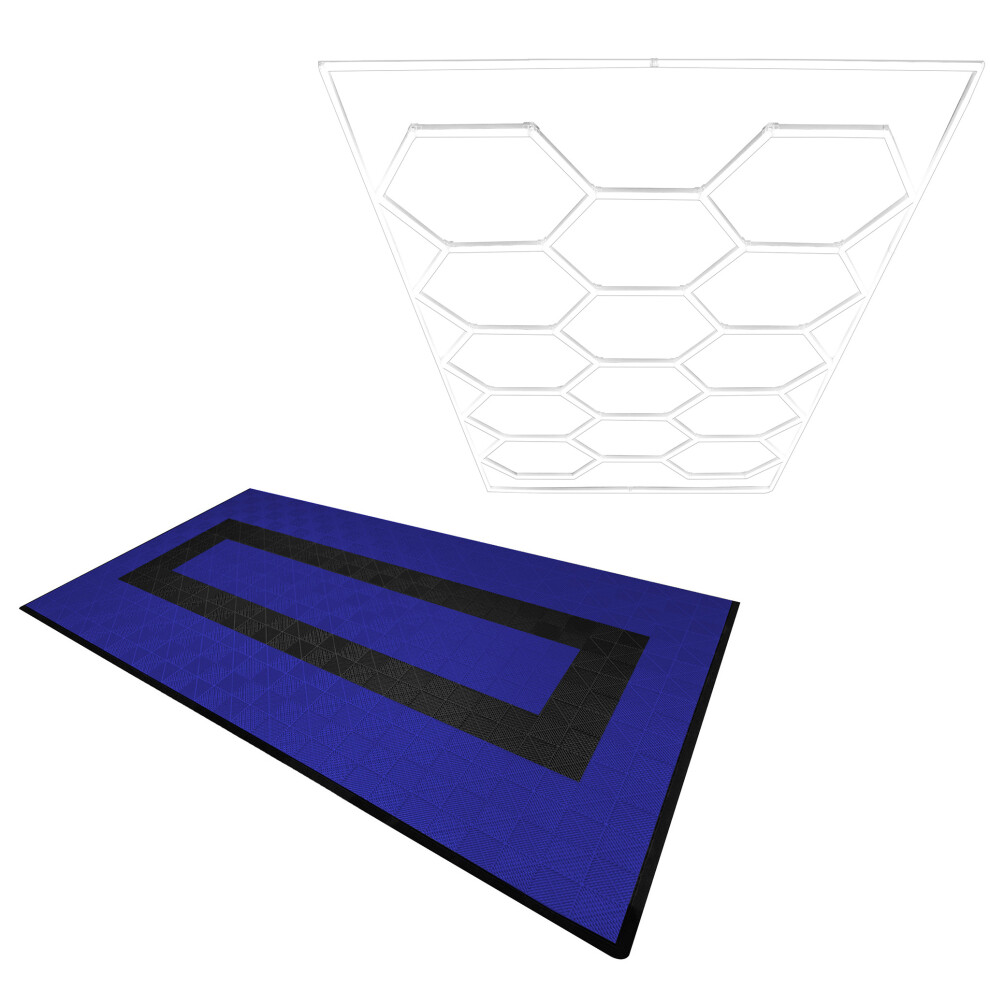(Hexagon Led Light & Vented Garage Floor Tiles With Edges - 90 Blue & 30 Black) Vented Garage Floor Tiles & Hexagon Led Lights & Border