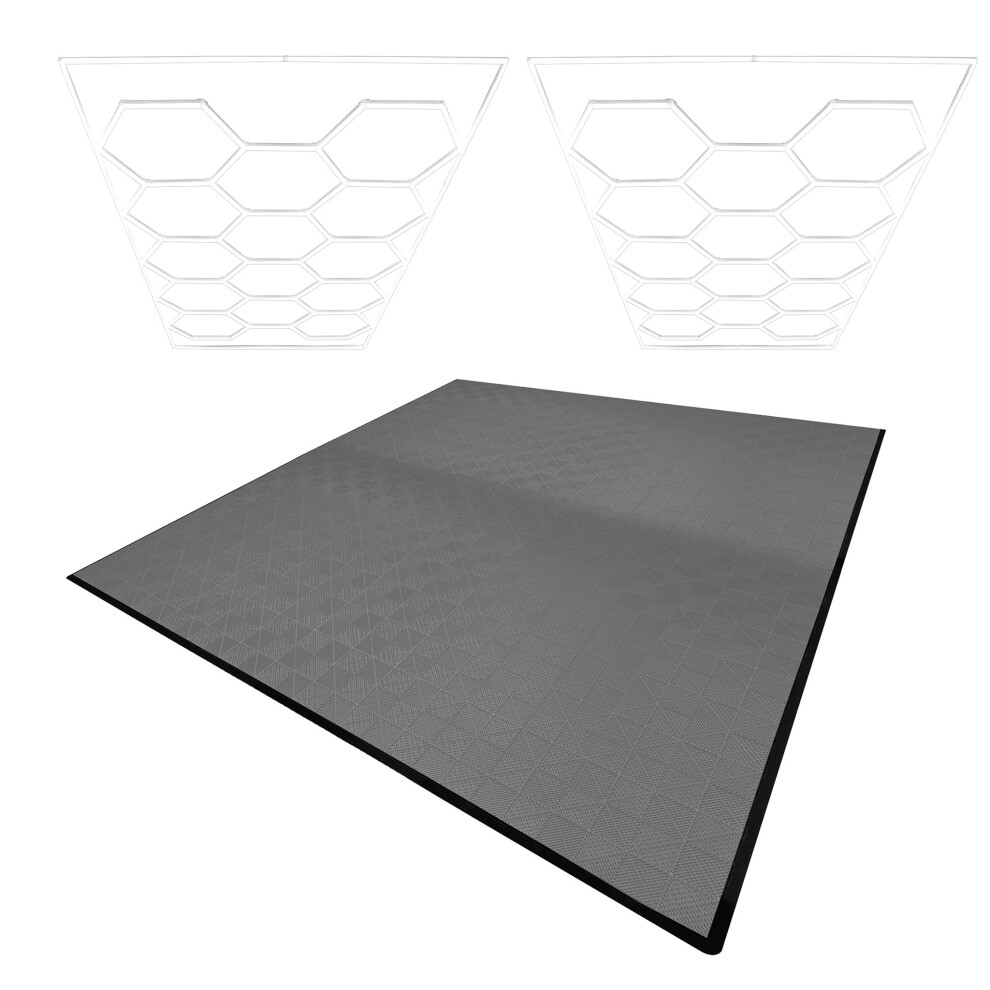 (Hexagon LED Lights x 2 & Vented Garage Floor Tiles x 225 With Edges - Grey) Vented Garage Floor Tiles & Hexagon LED Lights & Border