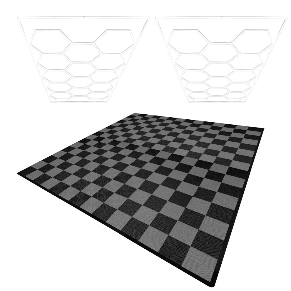 (Hexagon LED Lights x 2 & Vented Garage Floor Tiles With Edges - 120 Black & 120 Grey) Vented Garage Floor Tiles & Hexagon LED Lights & Border