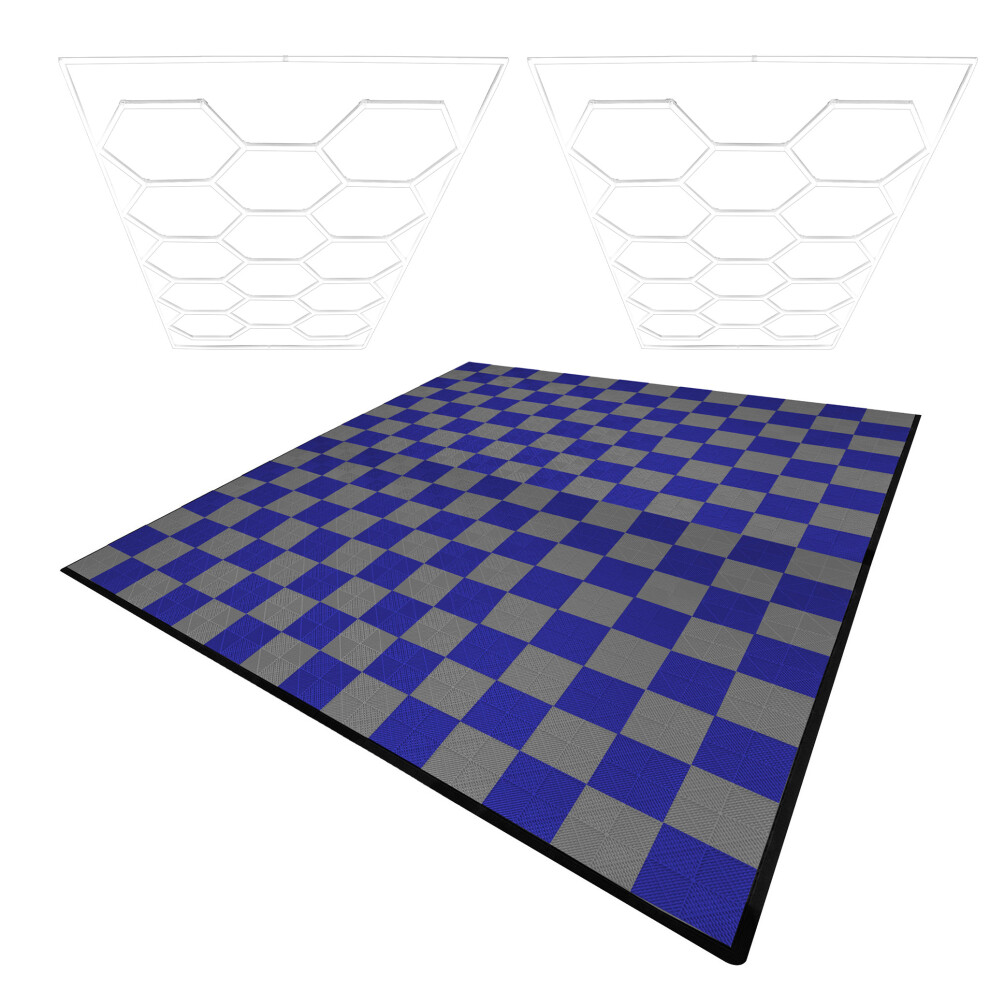 (Hexagon Led Lights X 2 & Vented Garage Floor Tiles With Edges - 120 Grey & 120 Blue) Vented Garage Floor Tiles & Hexagon Led Lights & Border 5056806815930