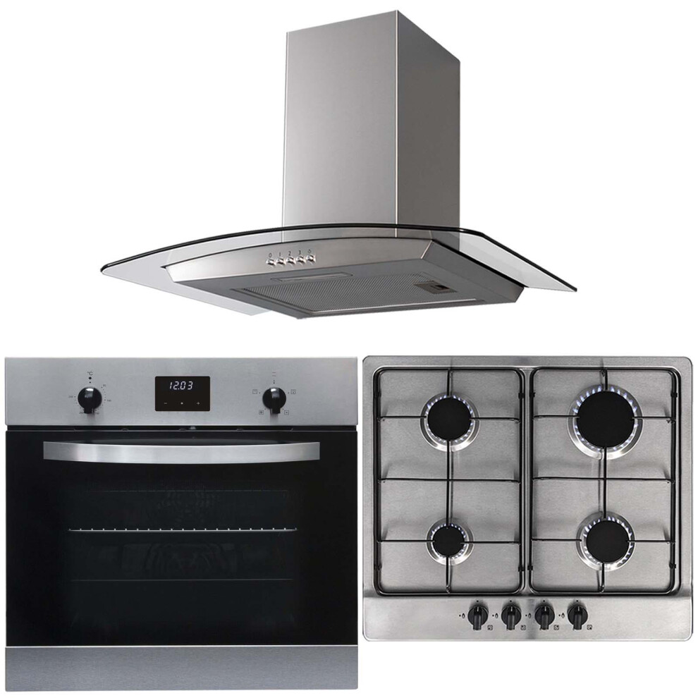 SIA 60cm Single Electric Oven, 4 Burner Gas Hob & Curved Glass Cooker Hood Fan