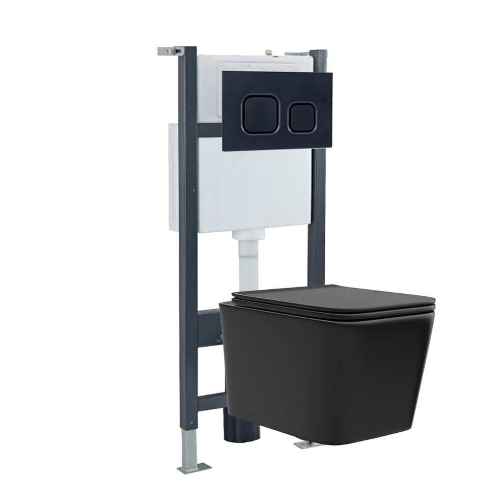 Nes Home Rimless Square Toilet, Cistern Frame & Square Button Flush Plate Black