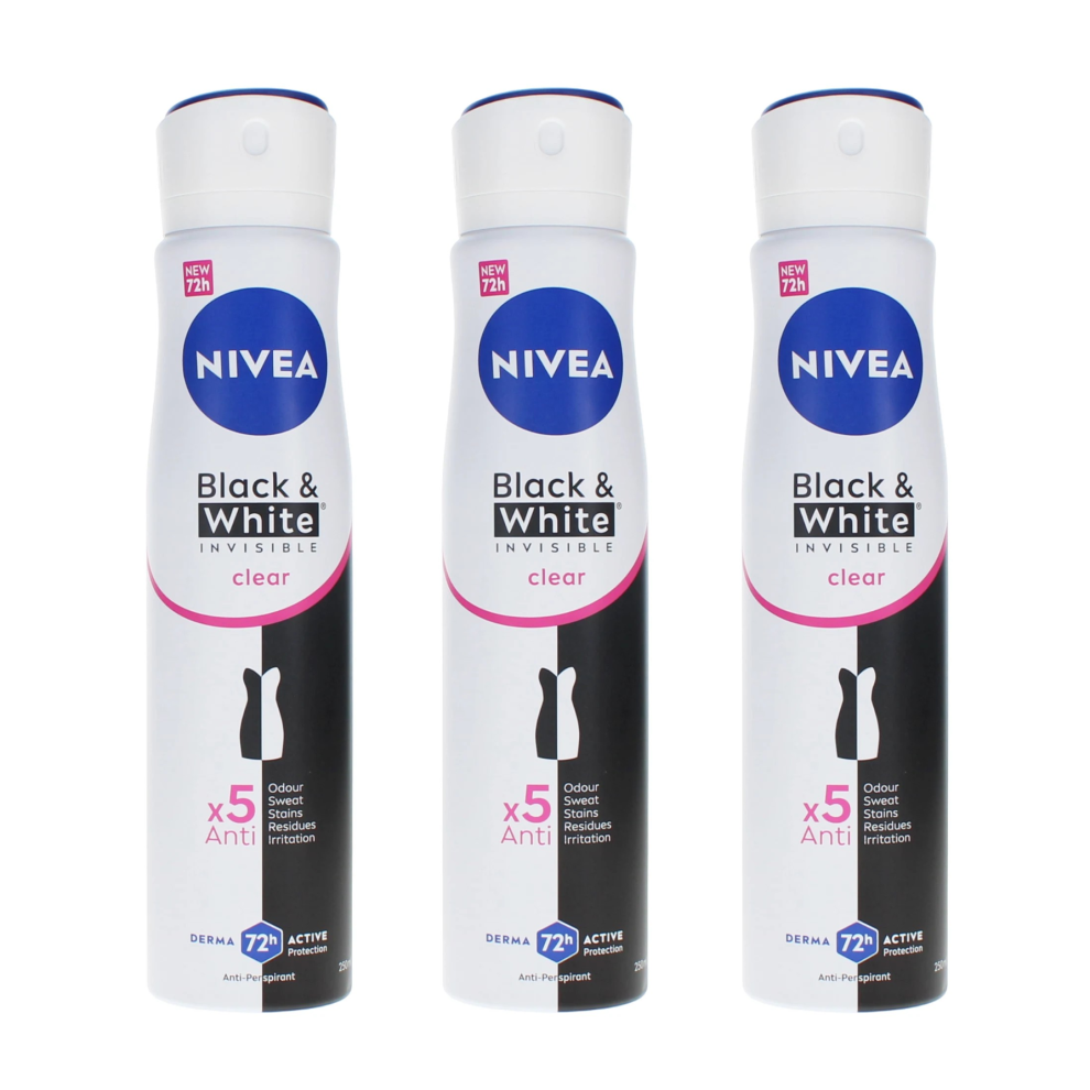 3 x 250ml Nivea Black & White Invisible Clear Deodorant Spray