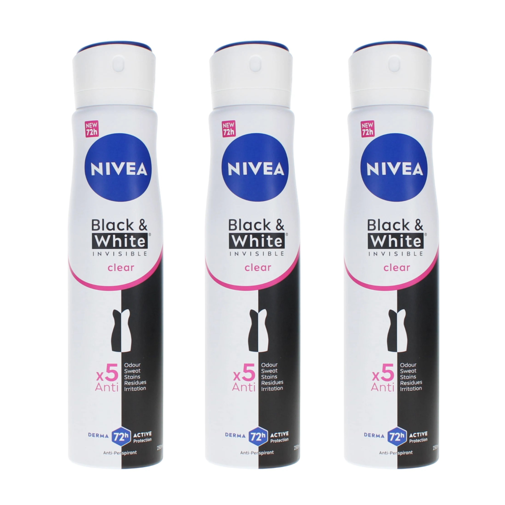 3 x 250ml Nivea Black & White Invisible Clear Deodorant Spray-image-OPC-PFX56BB-NEW
