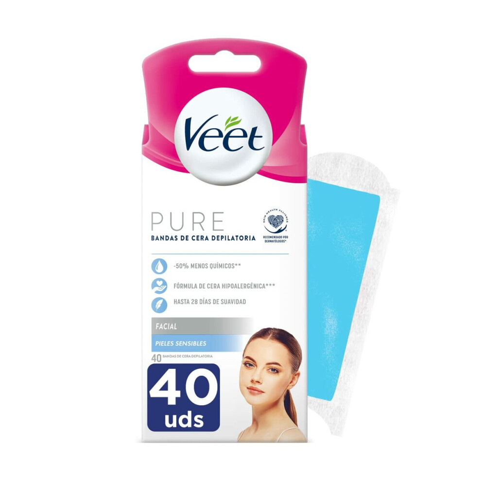 Veet Facial Hair Removal Strips Bandas De Cera Pure Sensitive Skin (40 Units)