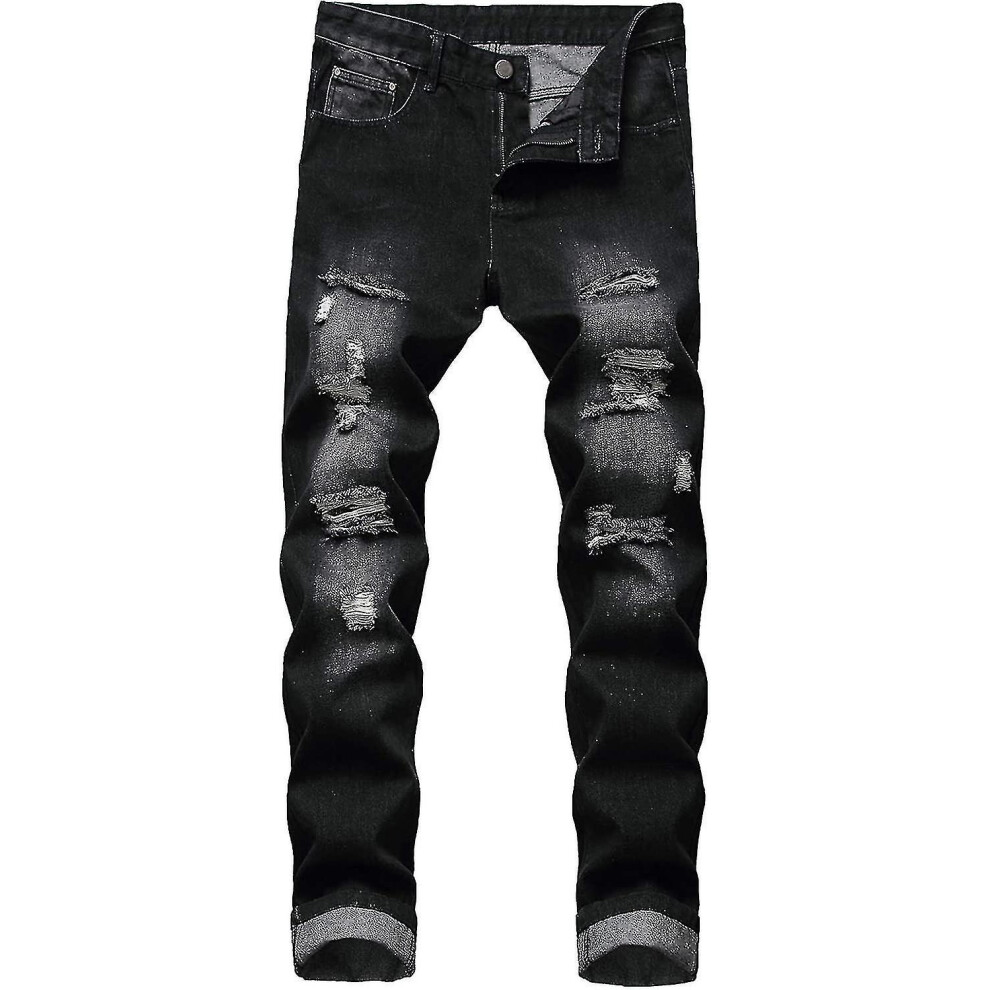 (Black, 30) Mens Ripped , Distressed Destroyed Slim Fit Straight Leg Denim Pants
