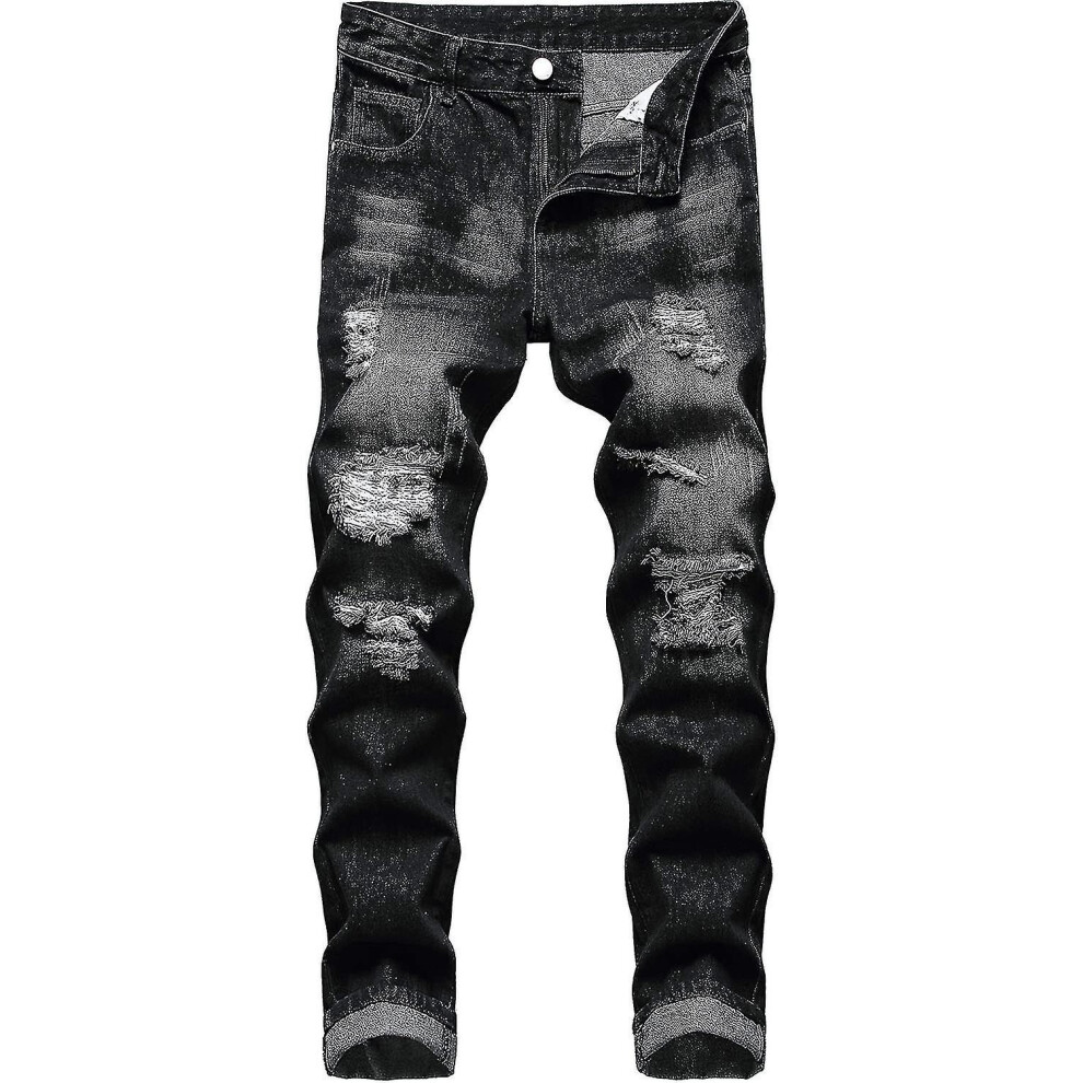 (Black702, 36) Mens Ripped , Distressed Destroyed Slim Fit Straight Leg Denim Pants