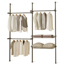 Double Black With Baskets Telescopic Wardrobe Organiser Hanging Rail Clothes Rack Adjustable Storage Shelving